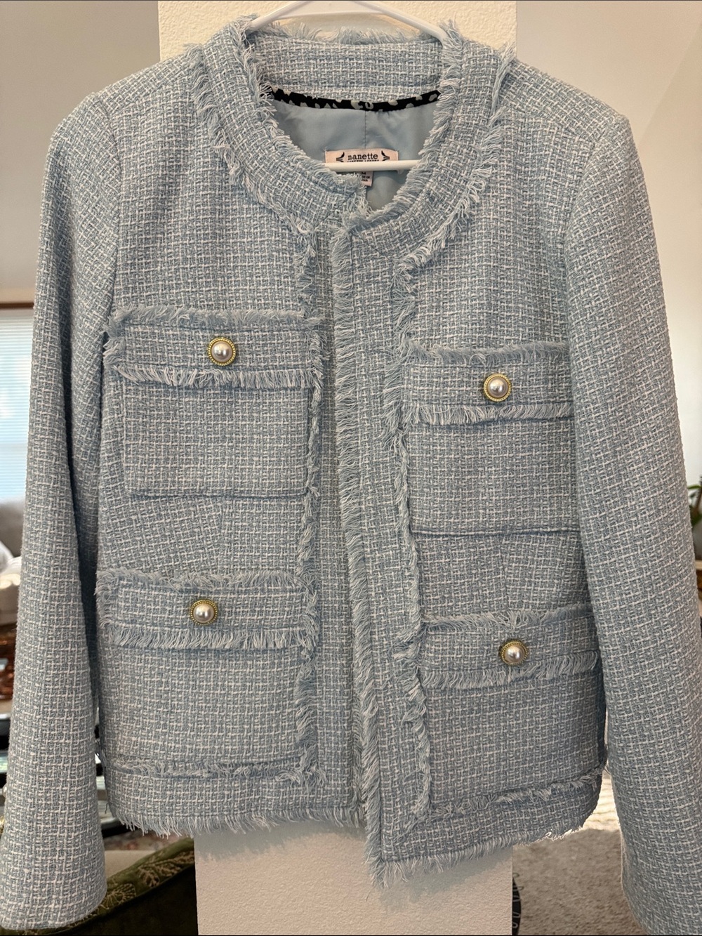 Nannette Powder Blue Tweed Fringe Pearl-Button Jacket
